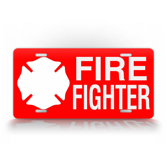 Novelty Red and White Fire Fighter License Plate
