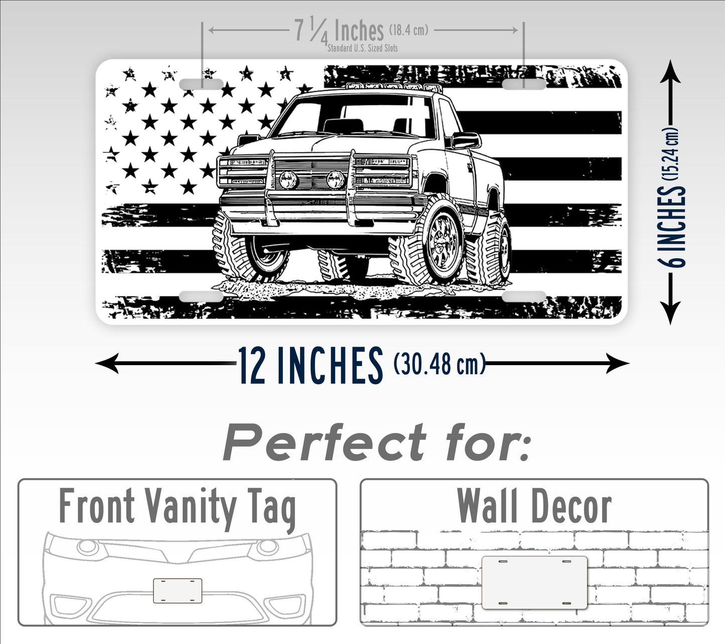 Black And White Square Body Truck American Flag License Plate