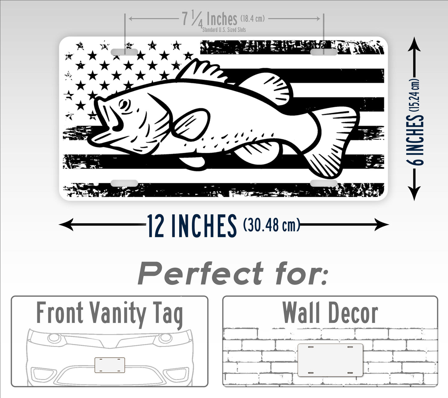 Rustic Black And White Largemouth Bass American Flag License Plate