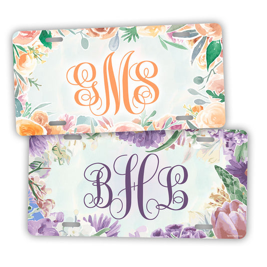 Orange And Purple Pastel Flower Monogram License Plate