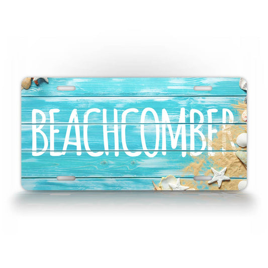 Vibrant Beachcomber License Plate With Sea Shells And Sand