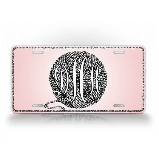 Custom Pink Yarn Knitting Crocheting Monogram License Plate