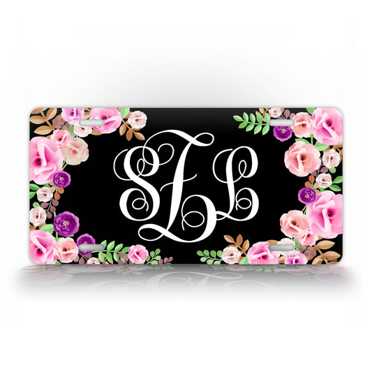 Custom Black Floral Monogram License Plate
