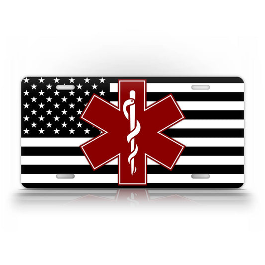 Black And White American Flag Burgundy Star Of Life EMT License Plate