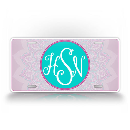 Custom Pink and Aqua Blue Mandala Design Monogram License Plate