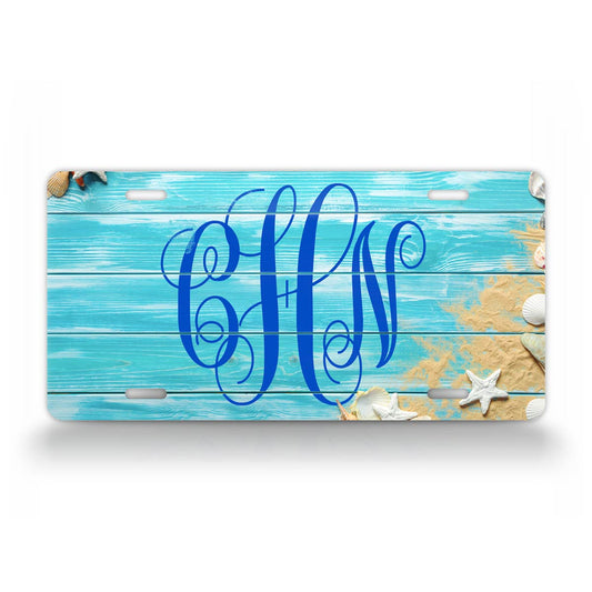 Personalized Text Turquoise  Blue Beach Sea Shell Monogram License Plate