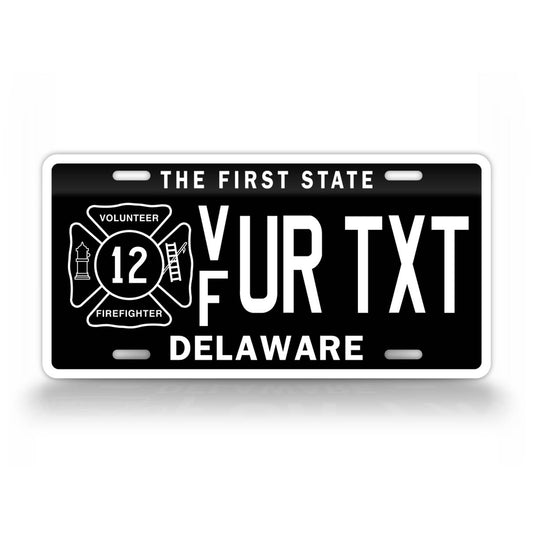 Custom Text Delaware Black Volunteer Firefighter License Plate
