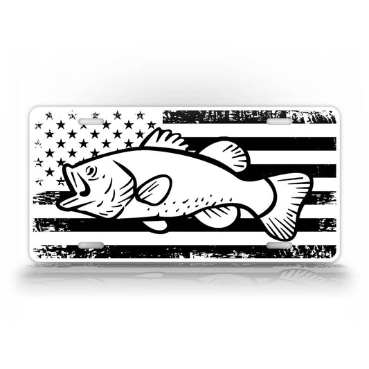 Large Mouth Bass On A Black And White American Flag Fishing License Plate