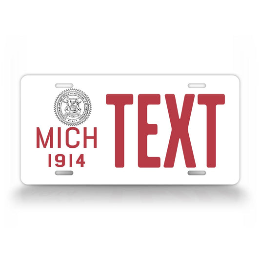 Custom Text Red And White Michigan Novelty 1914 License Plate