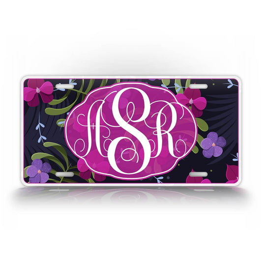 Custom Pink And Purple Monogram Flowery License Plate