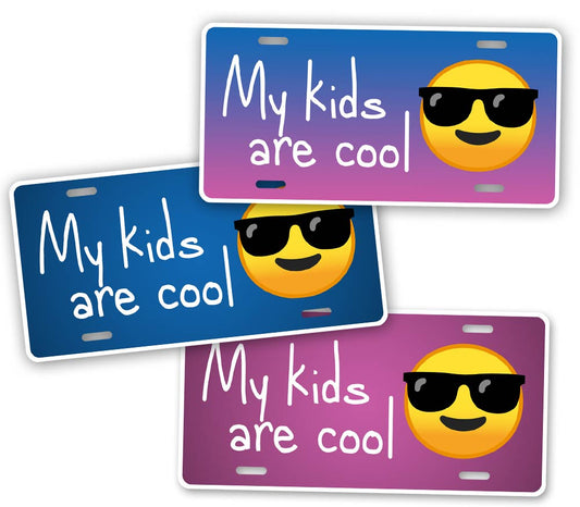 Blue And Pink Funny Auto Tag My Kids Are Cool Sunglasses Emojis License Plate