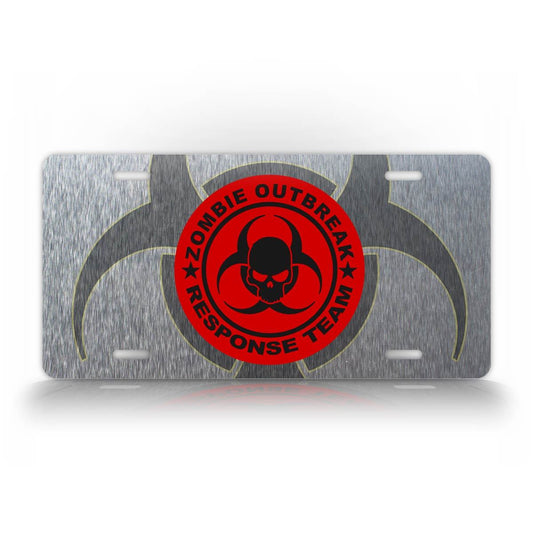 Silver Zombie Outbreak Response Team License Plate Red Emblem Auto Tag