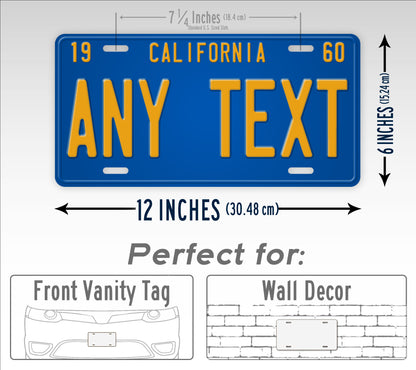 Customizable 1970s Style California License Plate - ANY Text, Personalized With Your Name, Blue