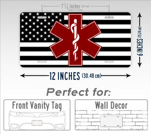 Black And White American Flag Burgundy Star Of Life EMT License Plate