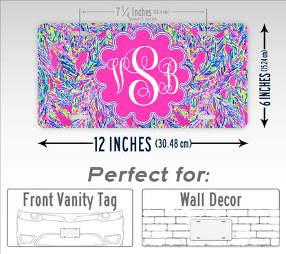 Personalized Pink Lily Fern Design Monogram License Plate