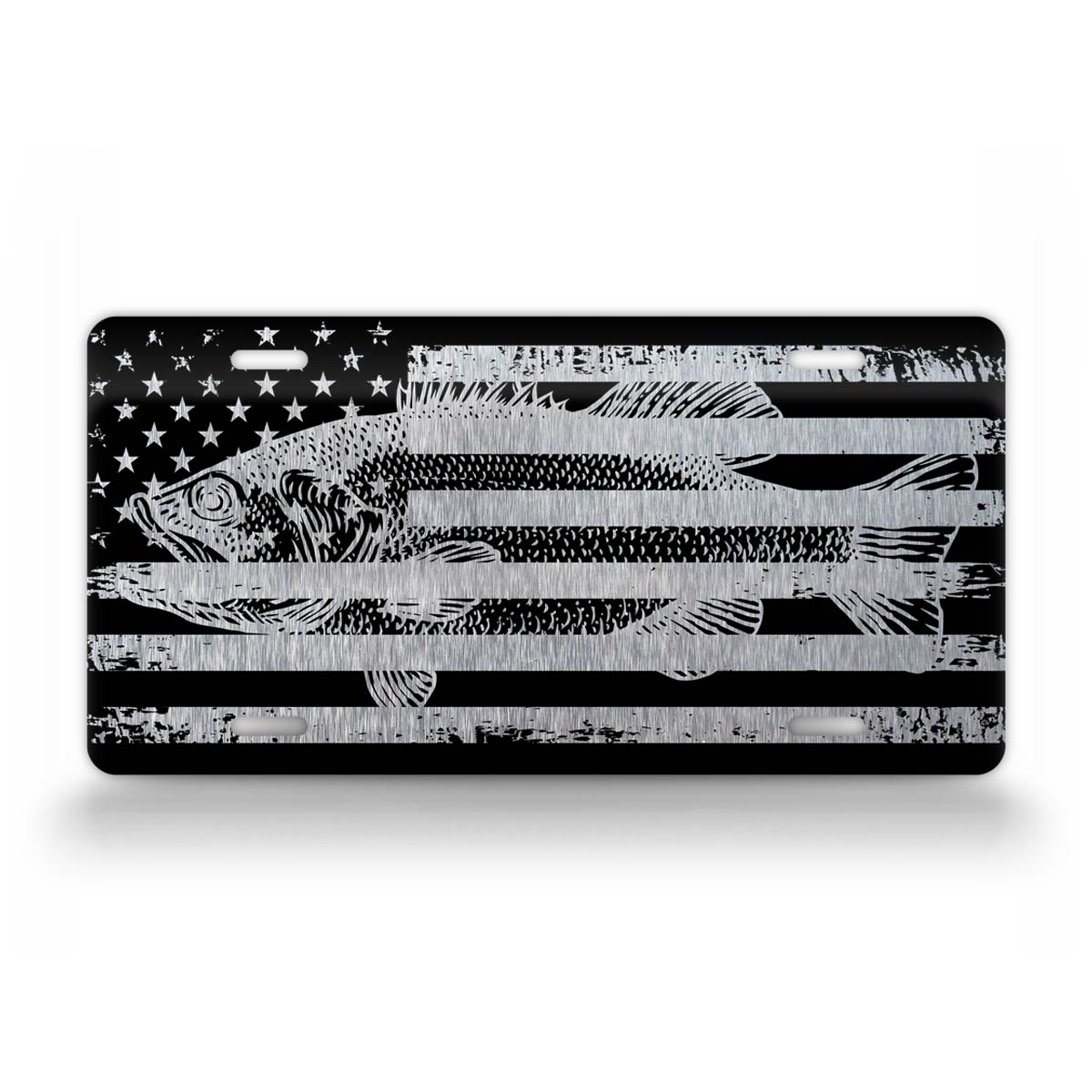 Silver Bass Fishing License Plate With American Flag Overlay 