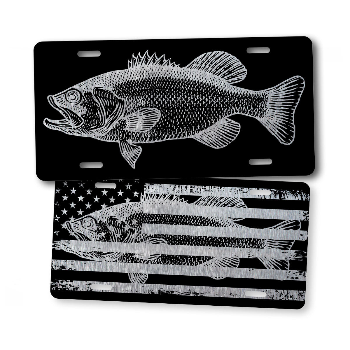 Silver Bass Fishing American Flag License Plate