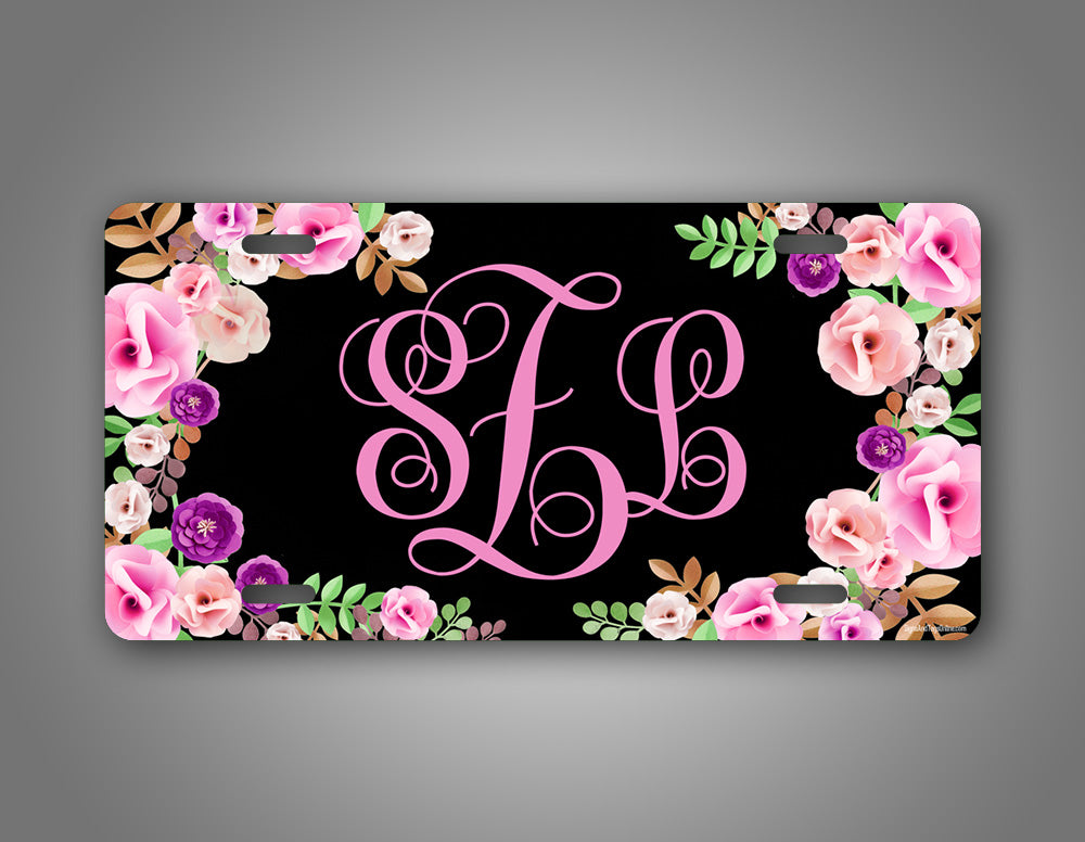 Personalized Black Floral Monogram Auto Tag