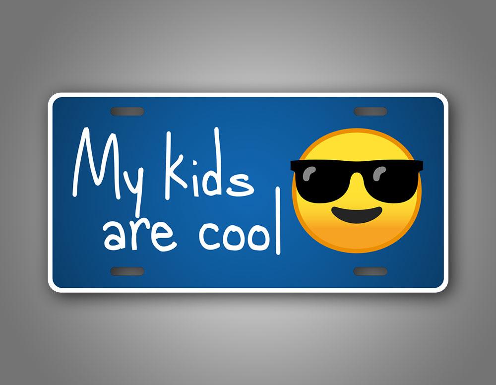 Blue Funny License Plate  My Kids Are Cool Sunglasses Emojis Auto Tag