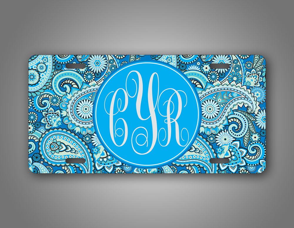 Custom Blue Paisley Monogram Auto Tag 