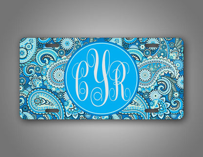 Custom Blue Paisley Monogram Auto Tag 