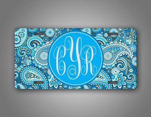 Custom Blue Paisley Monogram Auto Tag 