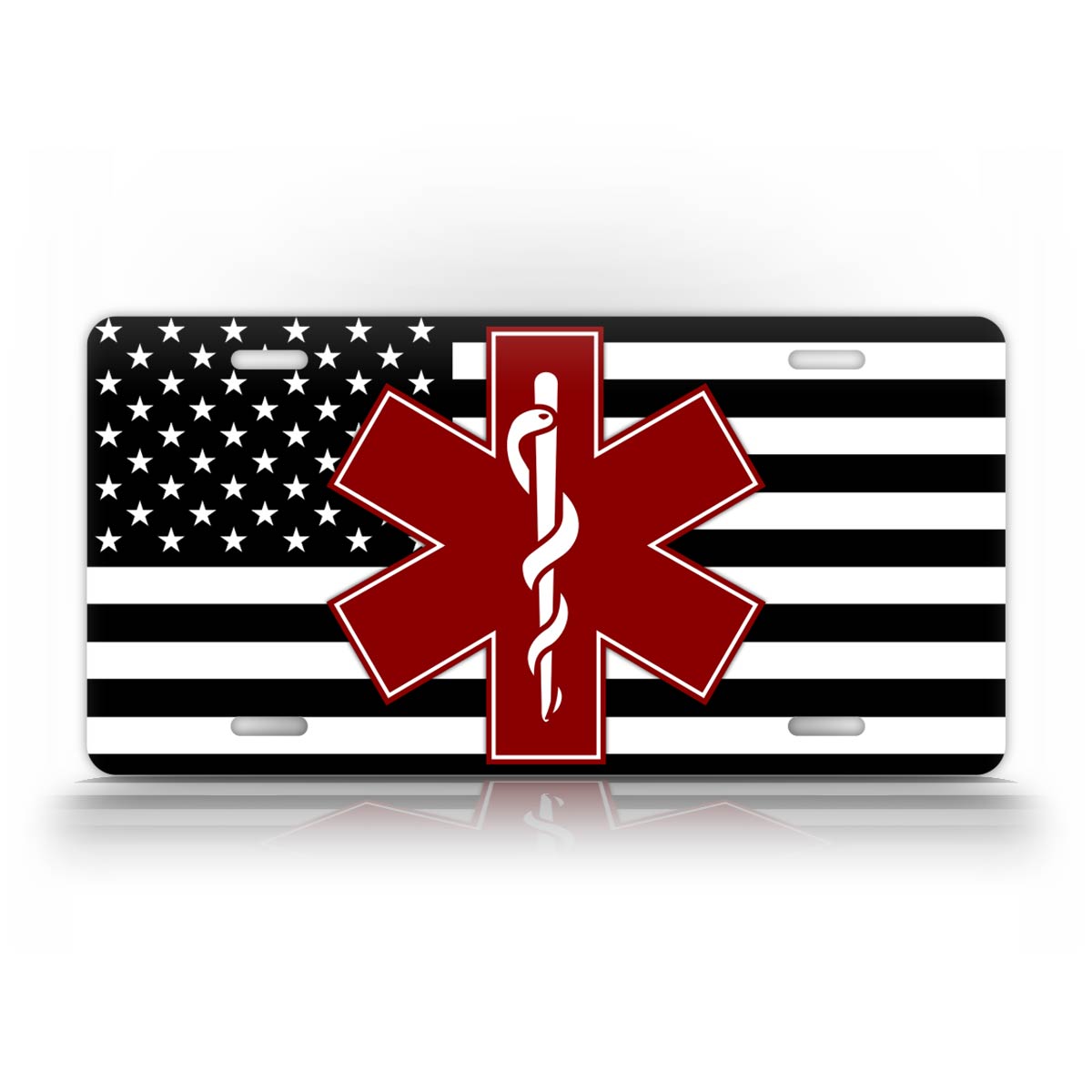  Black And White American Flag Burgundy Star Of Life EMT License Plate