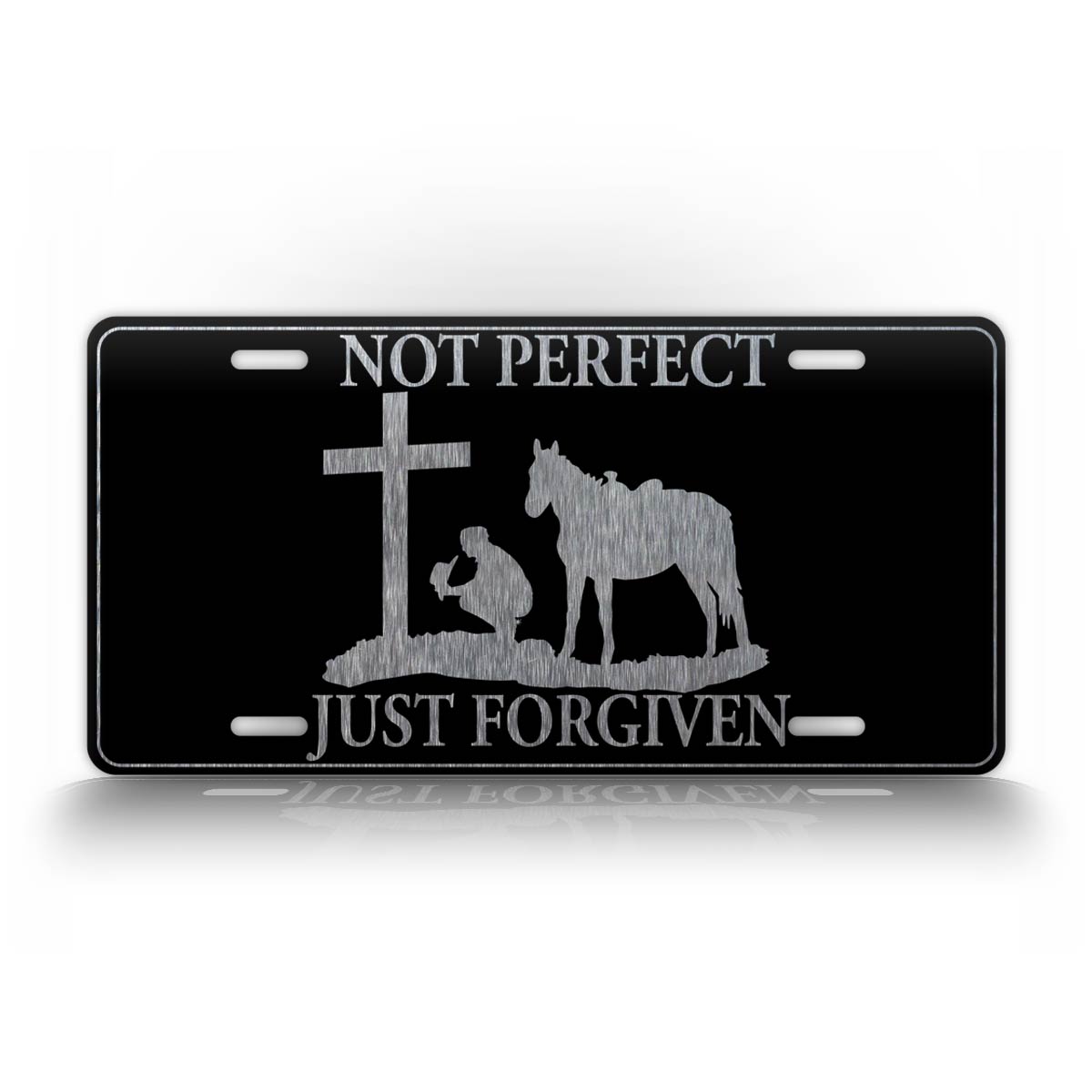 Western Cowboy Kneeling At a Cross With The Text Not Perfect Just Forgiven License Plate