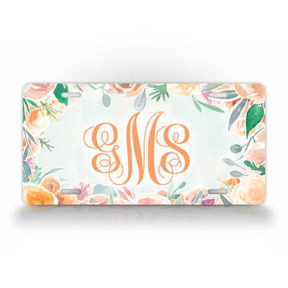 Orange Pastel Flower Custom Monogram License Plate