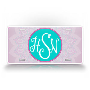 Custom Pink and Aqua Blue Mandala Design Monogram License Plate 