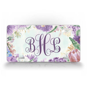 Custom Text Purple Pastel Flower Monogram License Plate