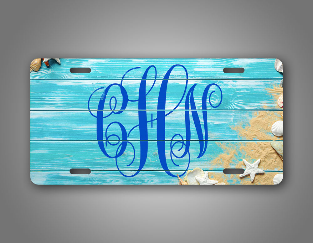 Custom beach Themed Turquoise  Blue Monogram License Plate 