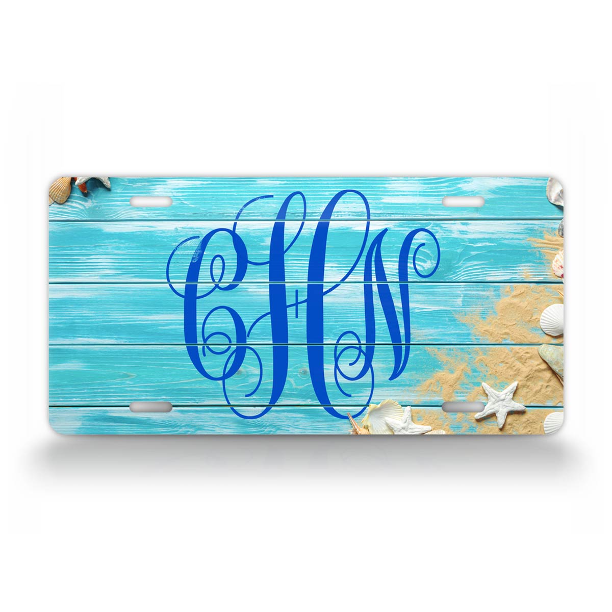 Personalized Text Turquoise  Blue Beach Sea Shell Monogram License Plate  