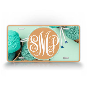 Custom Turquoise yarn Monogram License Plate 