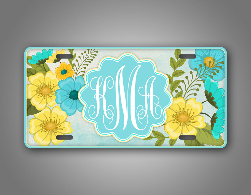Customized Yellow And Blue Flowery Monogram Auto Tag