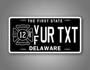 Custom Text Delaware Black Volunteer Firefighter License Plate
