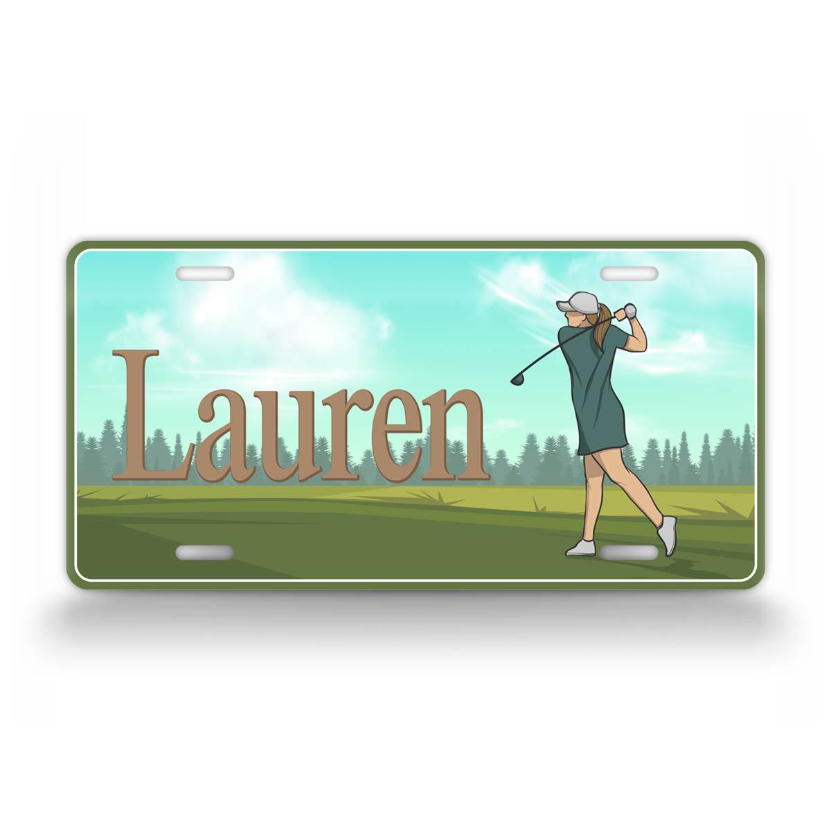 Custom Any Text Girl Female Golfing Auto Tag 