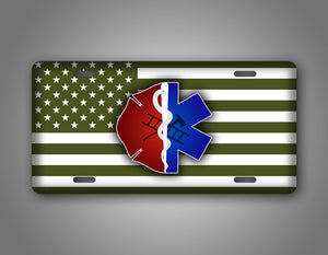 Green American Flag EMT First Responder Fire Fighter EMS Auto Tag 
