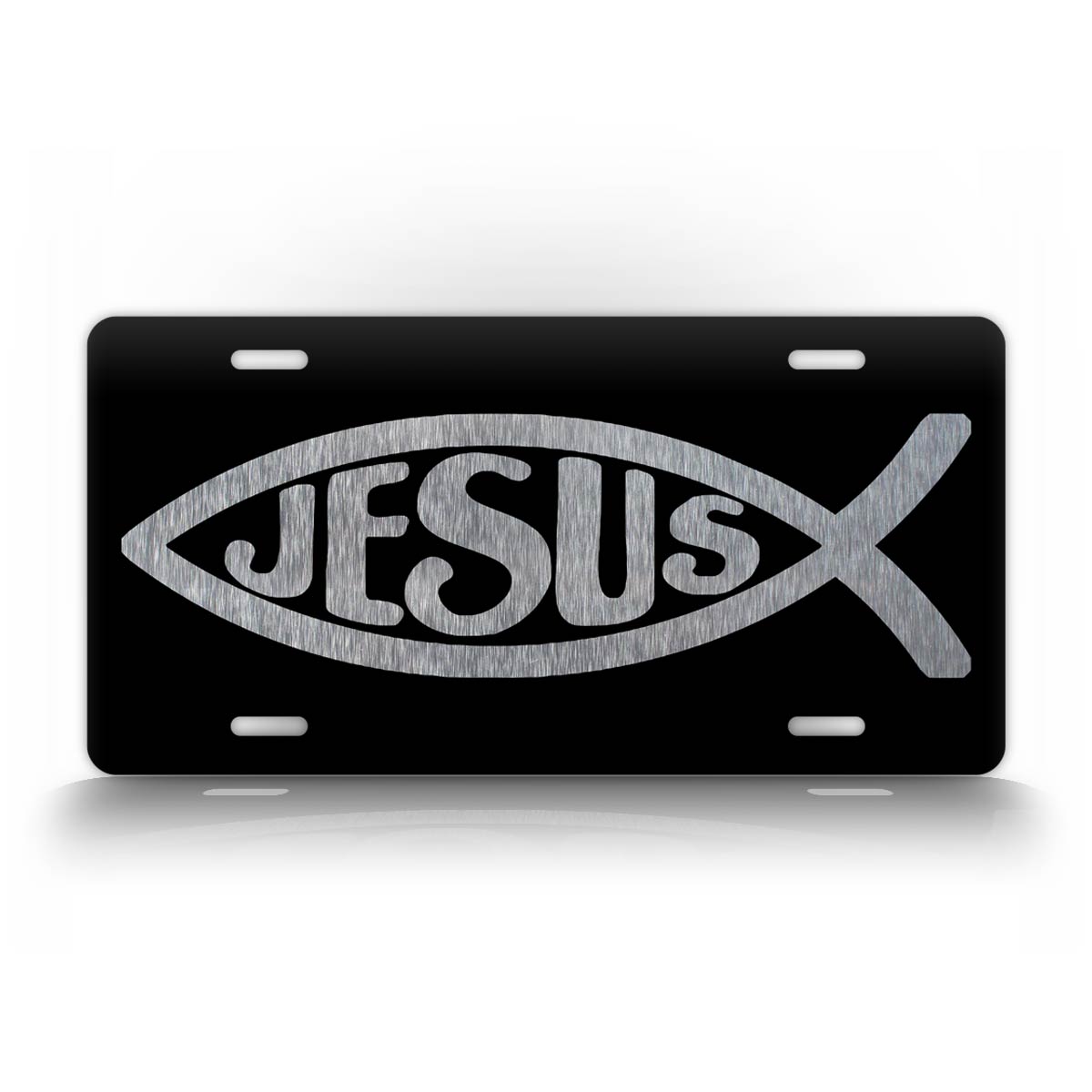 Black And Silver Jesus Fish License Plate 