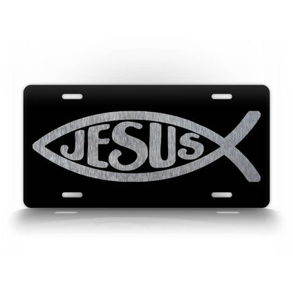 Black And Silver Jesus Fish License Plate 