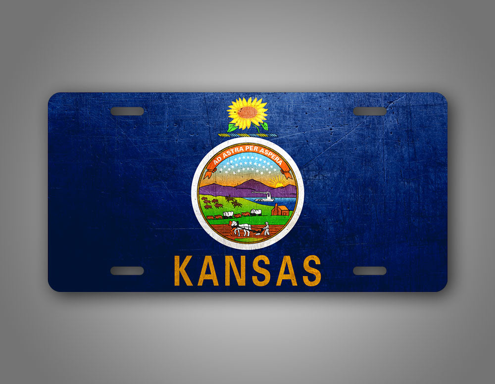 Kansas State Flag Weathered Metal License Plate