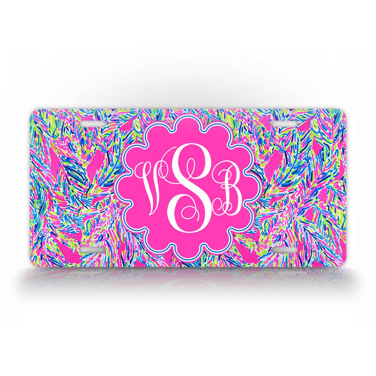 Custom Pink Lily Fern Monogram License Plate 