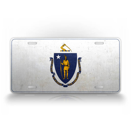 Massachusetts State Flag Weathered Metal License Plate