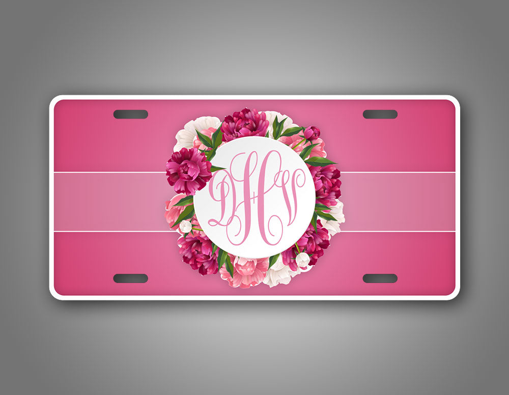 Custom Text pink Flower Monogram Auto Tag