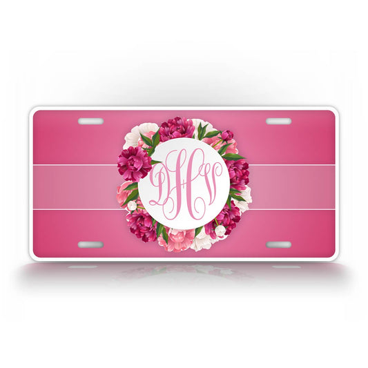 Custom Text Peony Flower Monogram License Plate 