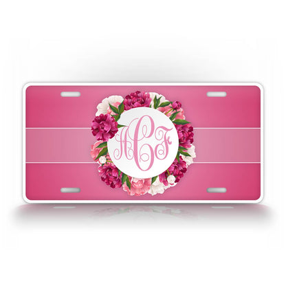 Personalized Pink Peony Flower Monogram License Plate 