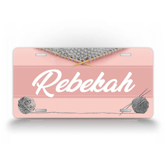 Custom Pink Knitting Monogram Name License Plate 