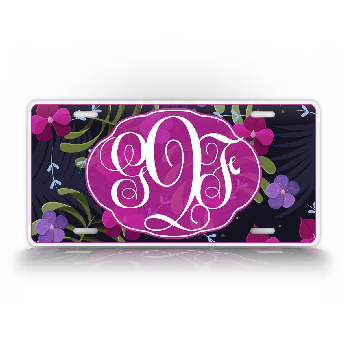 Custom Pink And Purple Monogram Flowery Auto Tag  