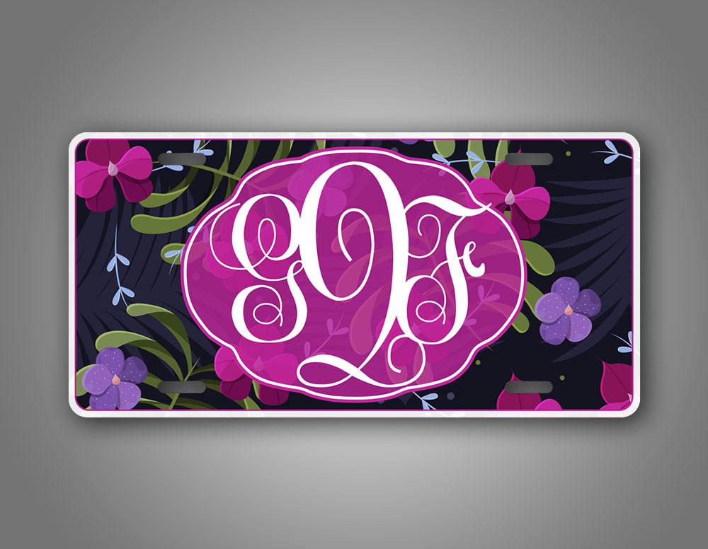 Custom Text Pink And Purple Monogram Flowery Auto Tag  