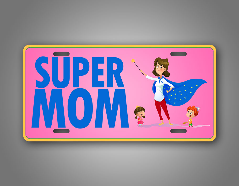 Pink And Blue Super Mom Auto Tag Cape Wearing Super Heroe Mom License Plate